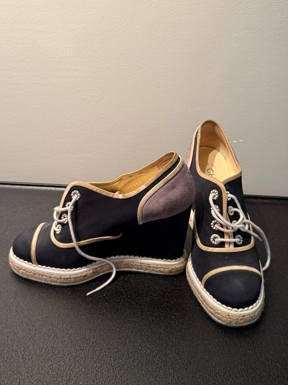 CHANEL Black Espadrille Lace-Up Platform Shoes with Beige Trim